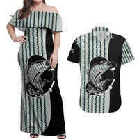 Striped Bass Jumping Graphic Couples Matching Off Shoulder Maxi Dress and Hawaiian Shirt Rod Reel and Airplane on Fish Scale Pattern - Wonder Print Shop