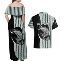 Striped Bass Jumping Graphic Couples Matching Off Shoulder Maxi Dress and Hawaiian Shirt Rod Reel and Airplane on Fish Scale Pattern - Wonder Print Shop