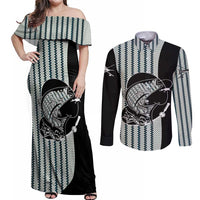 Striped Bass Jumping Graphic Couples Matching Off Shoulder Maxi Dress and Long Sleeve Button Shirt Rod Reel and Airplane on Fish Scale Pattern - Wonder Print Shop