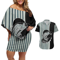 Striped Bass Jumping Graphic Couples Matching Off Shoulder Short Dress and Hawaiian Shirt Rod Reel and Airplane on Fish Scale Pattern - Wonder Print Shop