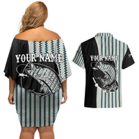 Striped Bass Jumping Graphic Couples Matching Off Shoulder Short Dress and Hawaiian Shirt Rod Reel and Airplane on Fish Scale Pattern - Wonder Print Shop