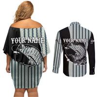 Striped Bass Jumping Graphic Couples Matching Off Shoulder Short Dress and Long Sleeve Button Shirt Rod Reel and Airplane on Fish Scale Pattern - Wonder Print Shop