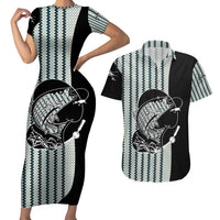 Striped Bass Jumping Graphic Couples Matching Short Sleeve Bodycon Dress and Hawaiian Shirt Rod Reel and Airplane on Fish Scale Pattern - Wonder Print Shop