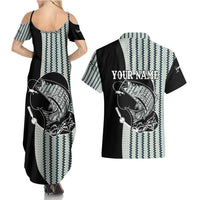 Striped Bass Jumping Graphic Couples Matching Summer Maxi Dress and Hawaiian Shirt Rod Reel and Airplane on Fish Scale Pattern - Wonder Print Shop
