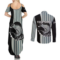 Striped Bass Jumping Graphic Couples Matching Summer Maxi Dress and Long Sleeve Button Shirt Rod Reel and Airplane on Fish Scale Pattern - Wonder Print Shop