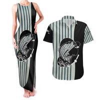 Striped Bass Jumping Graphic Couples Matching Tank Maxi Dress and Hawaiian Shirt Rod Reel and Airplane on Fish Scale Pattern - Wonder Print Shop