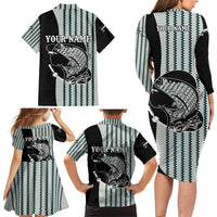 Striped Bass Jumping Graphic Family Matching Long Sleeve Bodycon Dress and Hawaiian Shirt Rod Reel and Airplane on Fish Scale Pattern - Wonder Print Shop