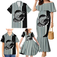 Striped Bass Jumping Graphic Family Matching Mermaid Dress and Hawaiian Shirt Rod Reel and Airplane on Fish Scale Pattern - Wonder Print Shop