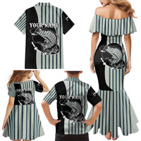 Striped Bass Jumping Graphic Family Matching Mermaid Dress and Hawaiian Shirt Rod Reel and Airplane on Fish Scale Pattern - Wonder Print Shop