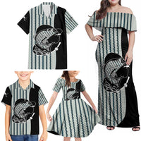 Striped Bass Jumping Graphic Family Matching Off Shoulder Maxi Dress and Hawaiian Shirt Rod Reel and Airplane on Fish Scale Pattern - Wonder Print Shop