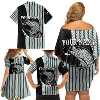 Striped Bass Jumping Graphic Family Matching Off Shoulder Short Dress and Hawaiian Shirt Rod Reel and Airplane on Fish Scale Pattern - Wonder Print Shop