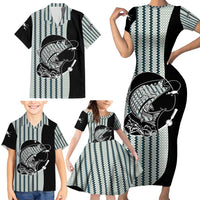 Striped Bass Jumping Graphic Family Matching Short Sleeve Bodycon Dress and Hawaiian Shirt Rod Reel and Airplane on Fish Scale Pattern - Wonder Print Shop