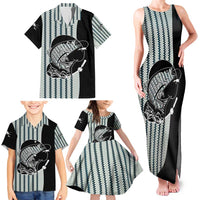 Striped Bass Jumping Graphic Family Matching Tank Maxi Dress and Hawaiian Shirt Rod Reel and Airplane on Fish Scale Pattern - Wonder Print Shop