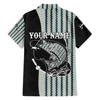 Striped Bass Jumping Graphic Hawaiian Shirt Rod Reel and Airplane on Fish Scale Pattern - Wonder Print Shop