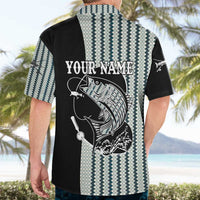 Striped Bass Jumping Graphic Hawaiian Shirt Rod Reel and Airplane on Fish Scale Pattern - Wonder Print Shop