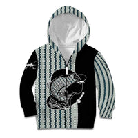 Striped Bass Jumping Graphic Kid Hoodie Rod Reel and Airplane on Fish Scale Pattern - Wonder Print Shop