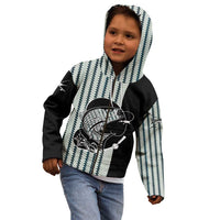 Striped Bass Jumping Graphic Kid Hoodie Rod Reel and Airplane on Fish Scale Pattern - Wonder Print Shop