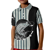 Striped Bass Jumping Graphic Kid Polo Shirt Rod Reel and Airplane on Fish Scale Pattern - Wonder Print Shop