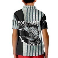 Striped Bass Jumping Graphic Kid Polo Shirt Rod Reel and Airplane on Fish Scale Pattern - Wonder Print Shop