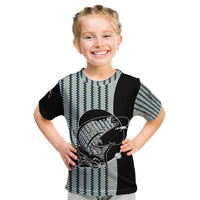 Striped Bass Jumping Graphic Kid T Shirt Rod Reel and Airplane on Fish Scale Pattern - Wonder Print Shop