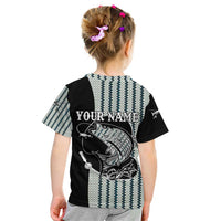 Striped Bass Jumping Graphic Kid T Shirt Rod Reel and Airplane on Fish Scale Pattern - Wonder Print Shop