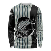 Striped Bass Jumping Graphic Long Sleeve Shirt Rod Reel and Airplane on Fish Scale Pattern - Wonder Print Shop