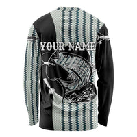 Striped Bass Jumping Graphic Long Sleeve Shirt Rod Reel and Airplane on Fish Scale Pattern - Wonder Print Shop
