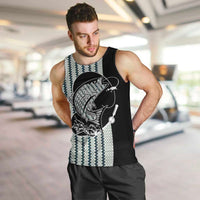 Striped Bass Jumping Graphic Men Tank Top Rod Reel and Airplane on Fish Scale Pattern - Wonder Print Shop