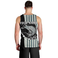 Striped Bass Jumping Graphic Men Tank Top Rod Reel and Airplane on Fish Scale Pattern - Wonder Print Shop
