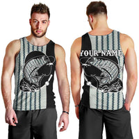 Striped Bass Jumping Graphic Men Tank Top Rod Reel and Airplane on Fish Scale Pattern - Wonder Print Shop