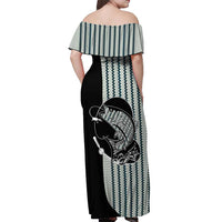 Striped Bass Jumping Graphic Off Shoulder Maxi Dress Rod Reel and Airplane on Fish Scale Pattern - Wonder Print Shop