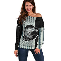 Striped Bass Jumping Graphic Off Shoulder Sweater Rod Reel and Airplane on Fish Scale Pattern - Wonder Print Shop