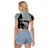 Striped Bass Jumping Graphic Raglan Cropped T Shirt Rod Reel and Airplane on Fish Scale Pattern - Wonder Print Shop