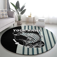 Striped Bass Jumping Graphic Round Carpet Rod Reel and Airplane on Fish Scale Pattern - Wonder Print Shop