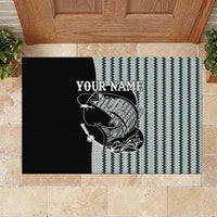 Striped Bass Jumping Graphic Rubber Doormat Rod Reel and Airplane on Fish Scale Pattern - Wonder Print Shop