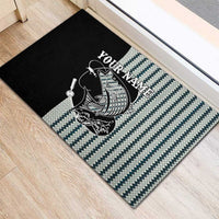 Striped Bass Jumping Graphic Rubber Doormat Rod Reel and Airplane on Fish Scale Pattern - Wonder Print Shop