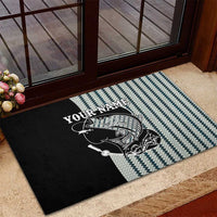 Striped Bass Jumping Graphic Rubber Doormat Rod Reel and Airplane on Fish Scale Pattern - Wonder Print Shop