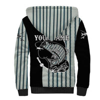 Striped Bass Jumping Graphic Sherpa Hoodie Rod Reel and Airplane on Fish Scale Pattern - Wonder Print Shop