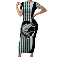Striped Bass Jumping Graphic Short Sleeve Bodycon Dress Rod Reel and Airplane on Fish Scale Pattern - Wonder Print Shop