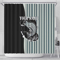 Striped Bass Jumping Graphic Shower Curtain Rod Reel and Airplane on Fish Scale Pattern - Wonder Print Shop