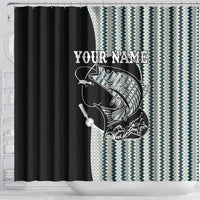Striped Bass Jumping Graphic Shower Curtain Rod Reel and Airplane on Fish Scale Pattern - Wonder Print Shop