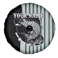 Striped Bass Jumping Graphic Spare Tire Cover Rod Reel and Airplane on Fish Scale Pattern - Wonder Print Shop