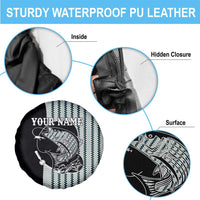 Striped Bass Jumping Graphic Spare Tire Cover Rod Reel and Airplane on Fish Scale Pattern - Wonder Print Shop