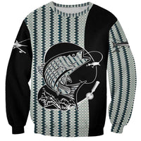 Striped Bass Jumping Graphic Sweatshirt Rod Reel and Airplane on Fish Scale Pattern - Wonder Print Shop