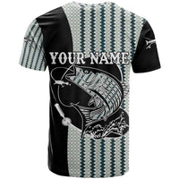 Striped Bass Jumping Graphic T Shirt Rod Reel and Airplane on Fish Scale Pattern - Wonder Print Shop