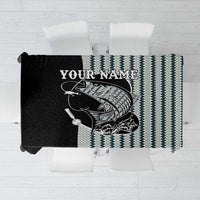 Striped Bass Jumping Graphic Tablecloth Rod Reel and Airplane on Fish Scale Pattern - Wonder Print Shop