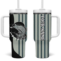 Striped Bass Jumping Graphic Tumbler With Handle Rod Reel and Airplane on Fish Scale Pattern - Wonder Print Shop