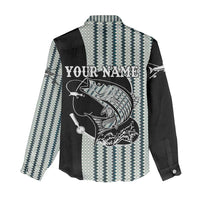 Striped Bass Jumping Graphic Women Casual Shirt Rod Reel and Airplane on Fish Scale Pattern - Wonder Print Shop