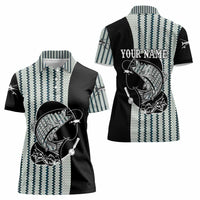 Striped Bass Jumping Graphic Women Polo Shirt Rod Reel and Airplane on Fish Scale Pattern - Wonder Print Shop