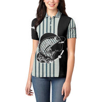 Striped Bass Jumping Graphic Women Polo Shirt Rod Reel and Airplane on Fish Scale Pattern - Wonder Print Shop